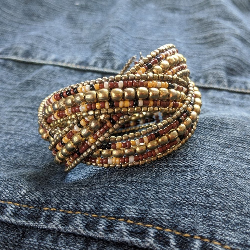 Boho Brown and Gold Tone Seed Bead Cuff Bracelet